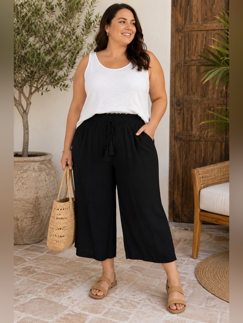 Terra & Sky Black Wide Leg Crop Pants 0X 14W Rayon Pull On Tassel Pockets
